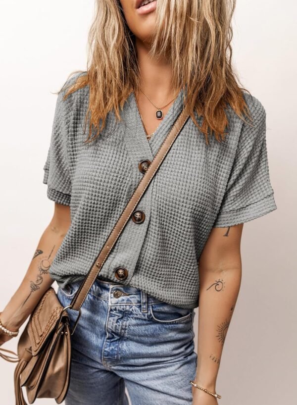 Dokotoo Womens Summer Tops 2025 Waffle Knit Button Down Shirts Casual V Neck Short Sleeve Shacket Jacket Dressy Blouses - Image 4