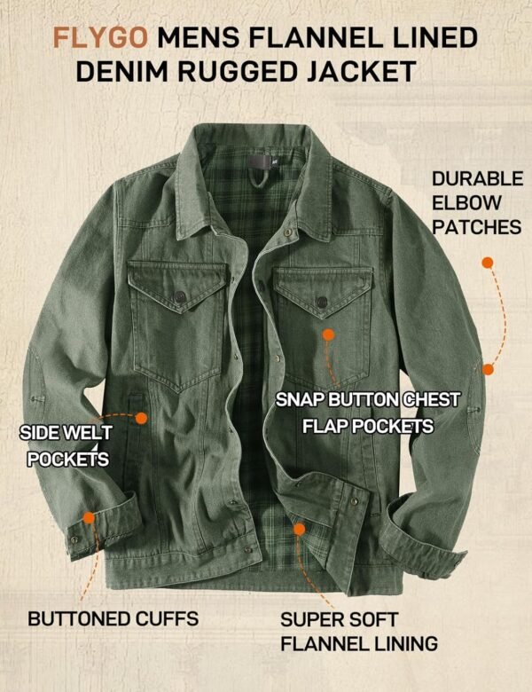 Flygo Mens Flannel Lined Denim Jacket Snap Cowboy Cut Western Classic Slim Fit Vintage Heavy Duty Jacket Trucker Coat - Image 3
