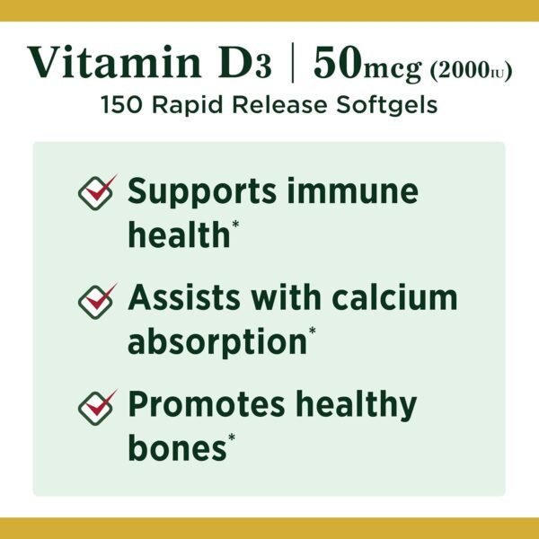 Nature's Bounty Vitamin D, Supports Immune Health & Bone Health, 2000IU Vitamin D3, 150 Softgels - Image 4