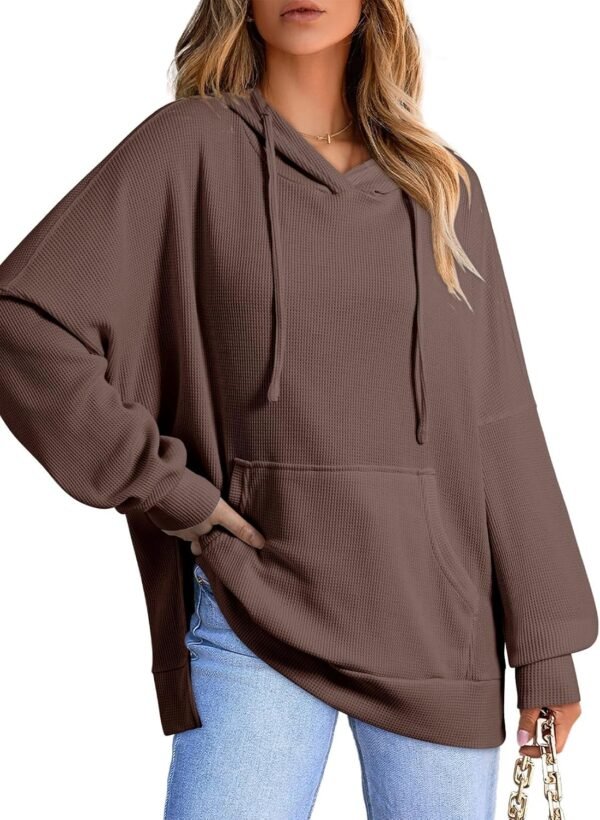 Dokotoo Oversized Hoodies for Women Casual Long Sleeve Waffle Knit Drawstring Side Slit Pullover Sweatshirts with Pocket