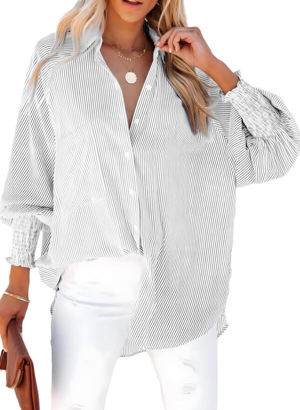 Dokotoo Womens V Neck Striped Button Down Shirts Long Sleeve Tunic Tops