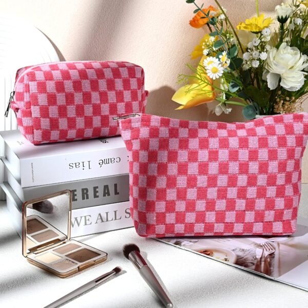 SOIDRAM 2 Pieces Makeup Bag Large Checkered Cosmetic Bag Capacity Canvas Mix Travel Toiletry Bag Organizer Cute Makeup Brushes Aesthetic Accessories Storage Bag for Women, Checkered Mix Rose Red - Image 2