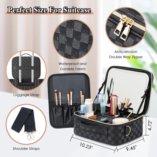 Travel Makeup Bag with LED Mirror Make up Case with Lighted Mirror 3 Color Setting Cosmetic Makeup Box Organizer Vanity Case for Women Beauty Tools Accessories Case Rechargeable (Black, Middle) - Image 2