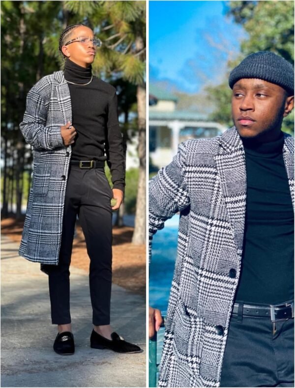 UANEO Mens Winter Trench Coat Notched Collar Single Breasted Plaid Mid Long Peacoat Overcoats with Pockets - Image 3