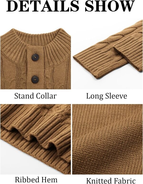 Runcati Mens Cable Knit Pullover Sweater Casual Stand Collar Chunky Buttons Fall Winter Sweaters - Image 5